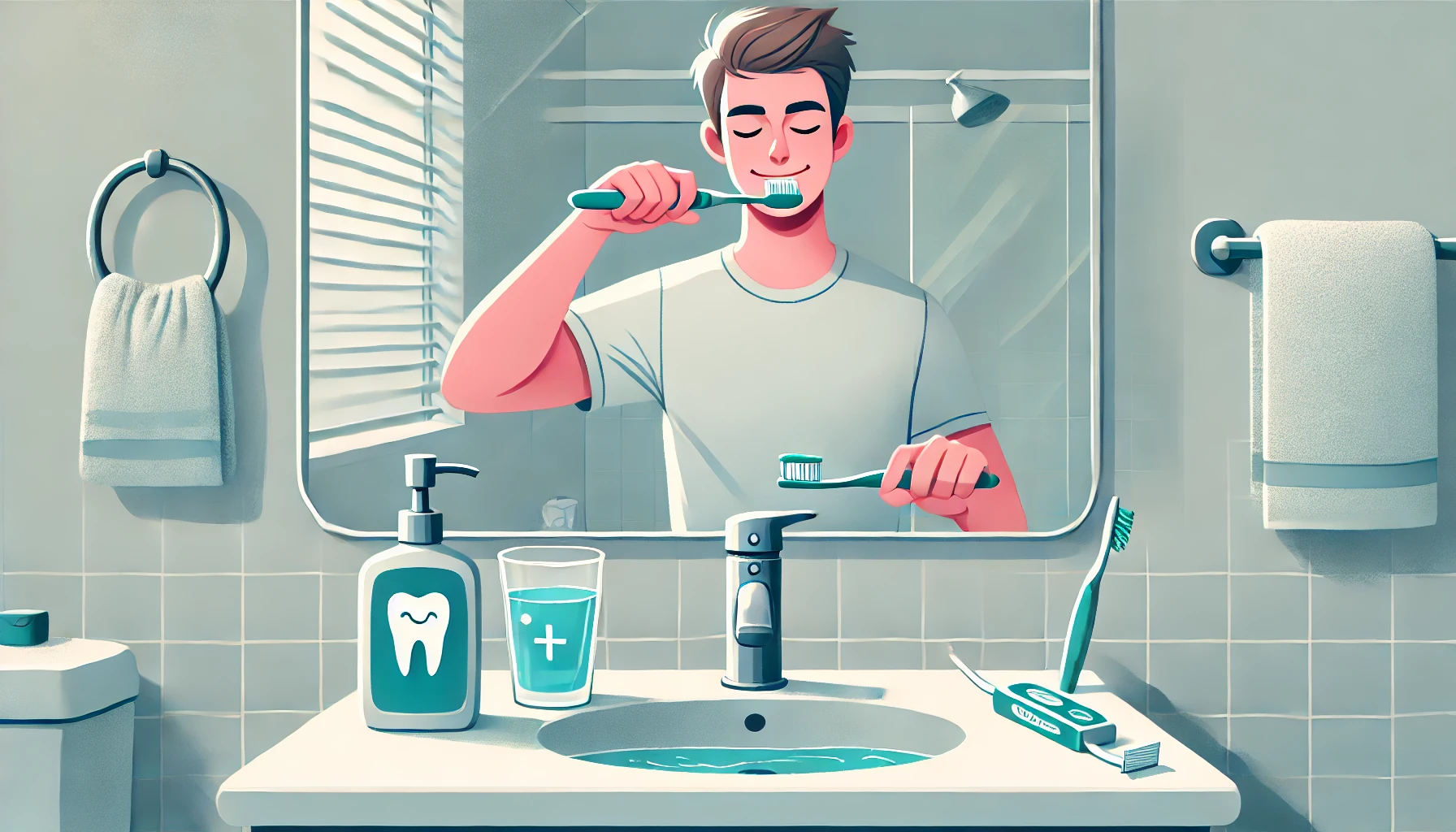 A person brushing their teeth with proper technique in a bright, clean bathroom, following dental health tips to prevent future tooth pain.