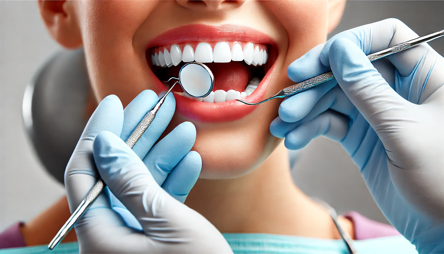 Close-up of a dental professional examining a patient's gums with tools, illustrating the importance of regular periodontal care in a clinic