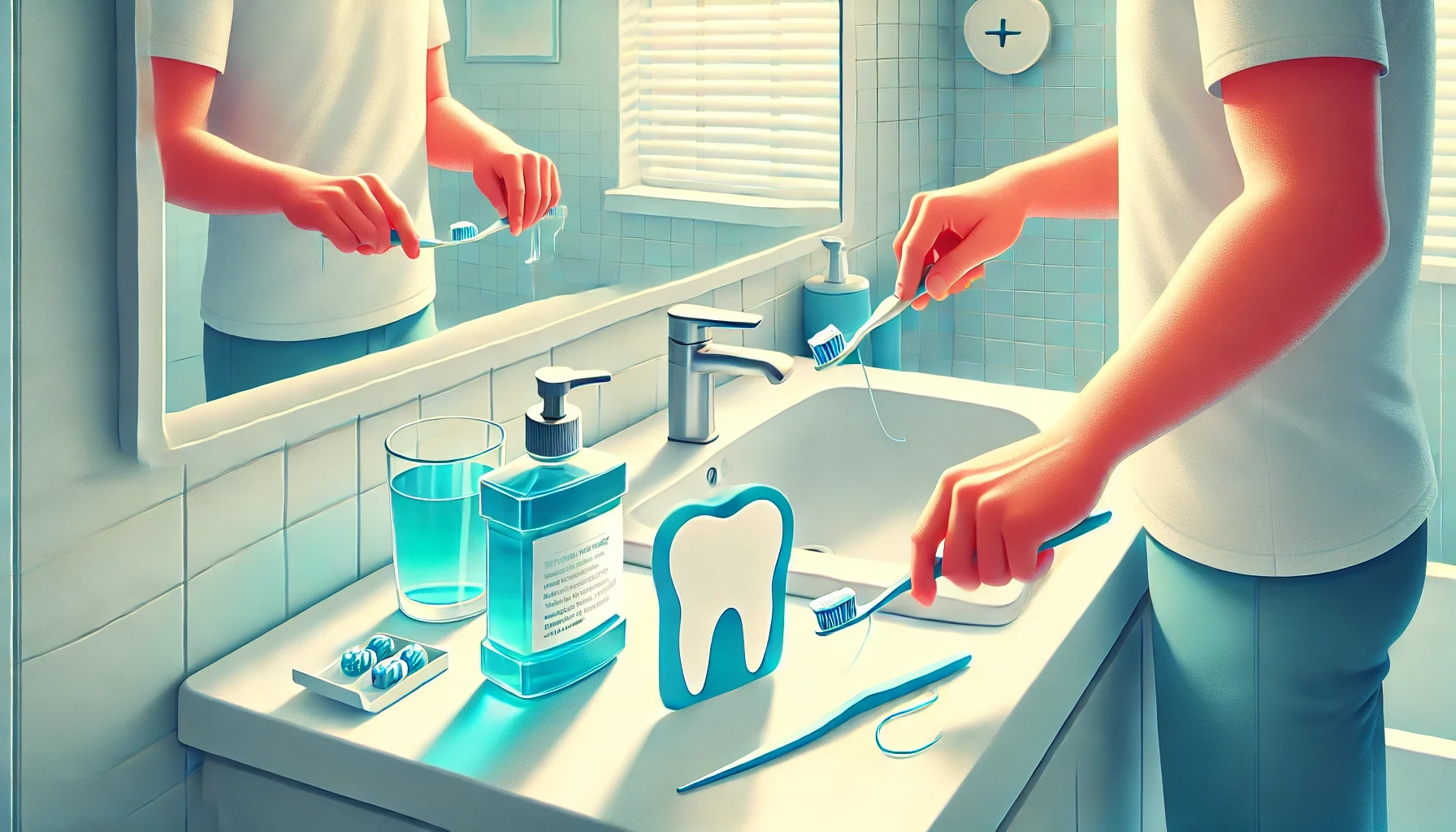 A person brushing their teeth in a bright bathroom, with dental floss and mouthwash in the background, showing at-home dental care."