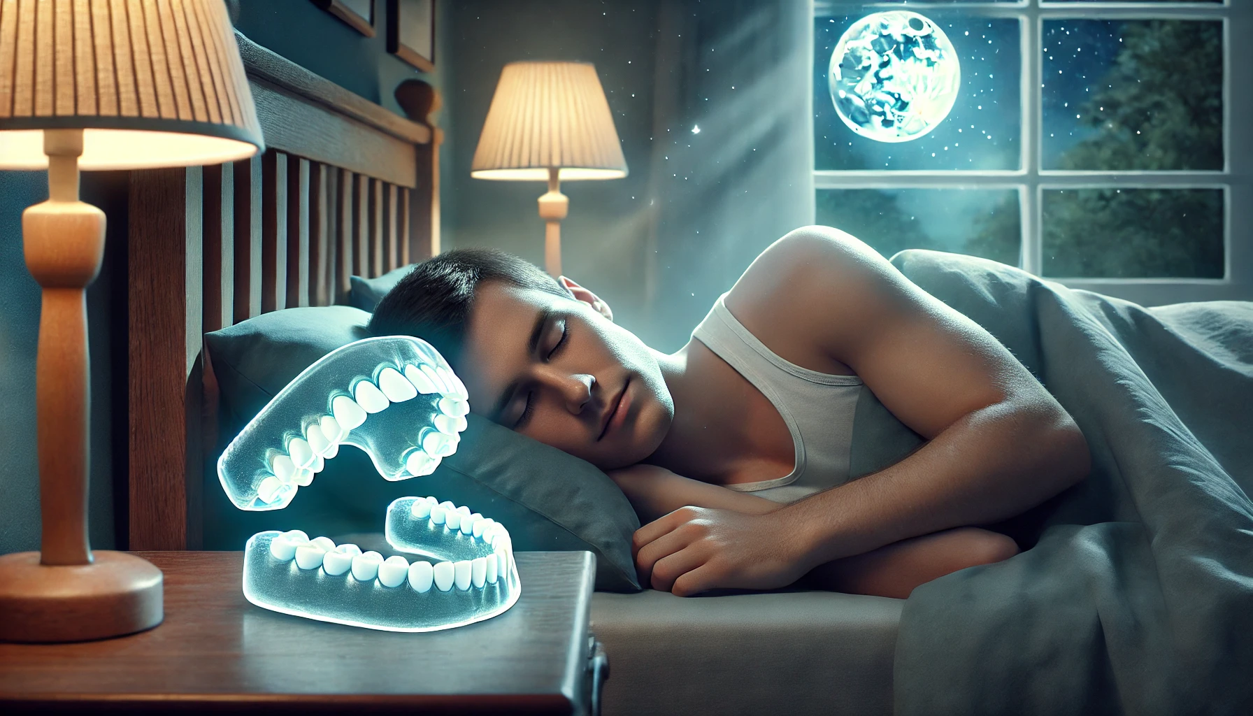 A peaceful bedroom scene at night with a person sleeping soundly, their relaxed jawline indicating improved sleep after bruxism therapy