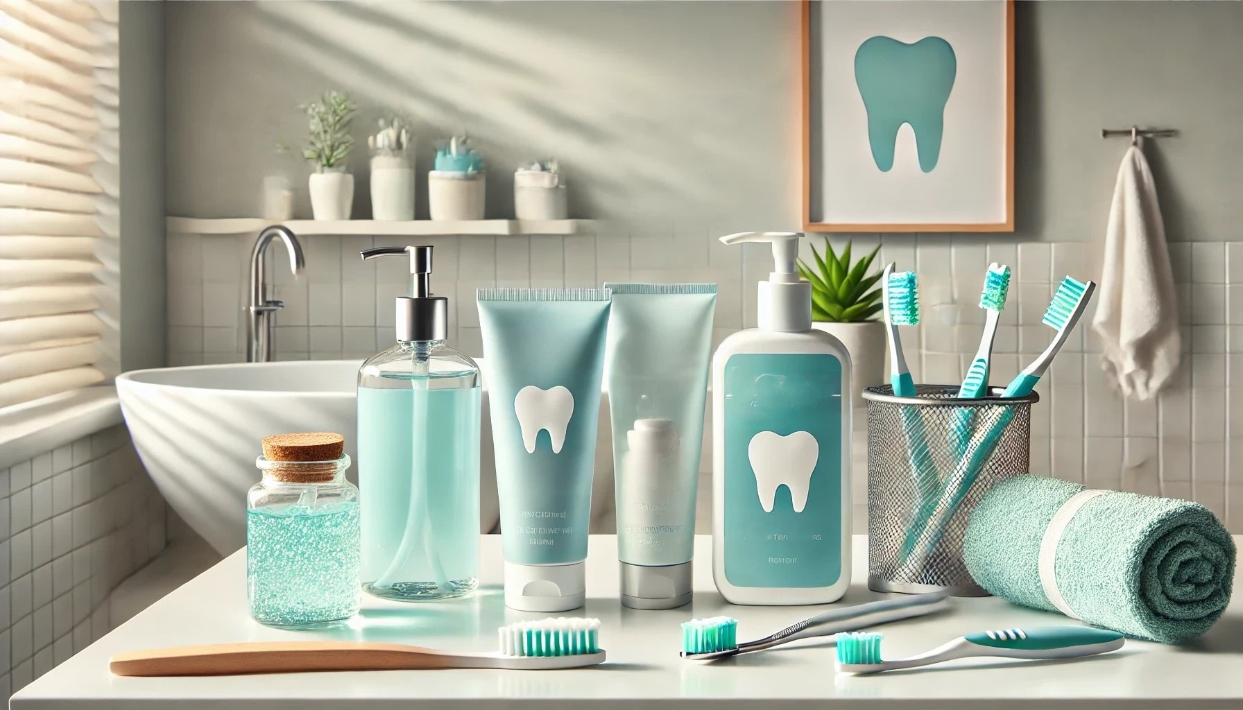 An assortment of products like fluoride toothpaste and mouthwash displayed on a bright bathroom counter for tooth sensitivity.