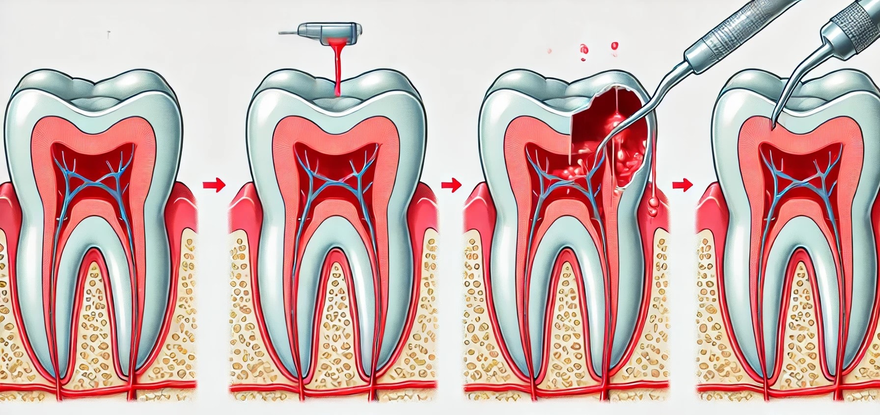 Create an illustration depicting the step-by-step process of root canal treatment, highlighting stages such as cleaning, pulp removal, and sealing.