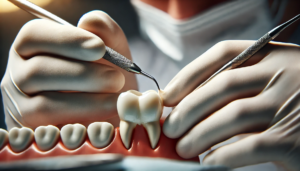 Dentist repairing a chipped tooth using dental bonding repair material, focusing on precise tool application in a clean, well-lit dental office