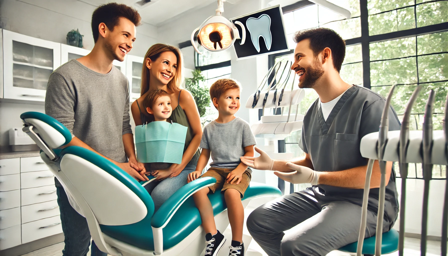 A dentist engaging with a family of four in a bright, welcoming dental clinic, creating a child-friendly, comfortable environment."