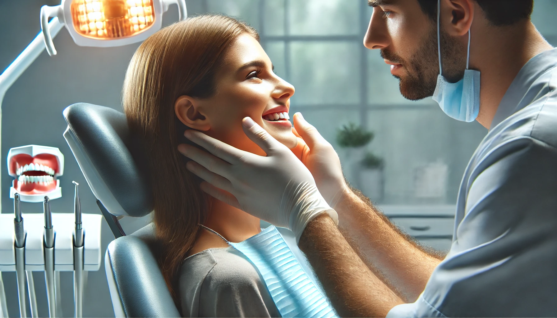 A healthcare professional examines a patient's jaw in a clinical setting, assessing for temporomandibular disorders (TMD)."