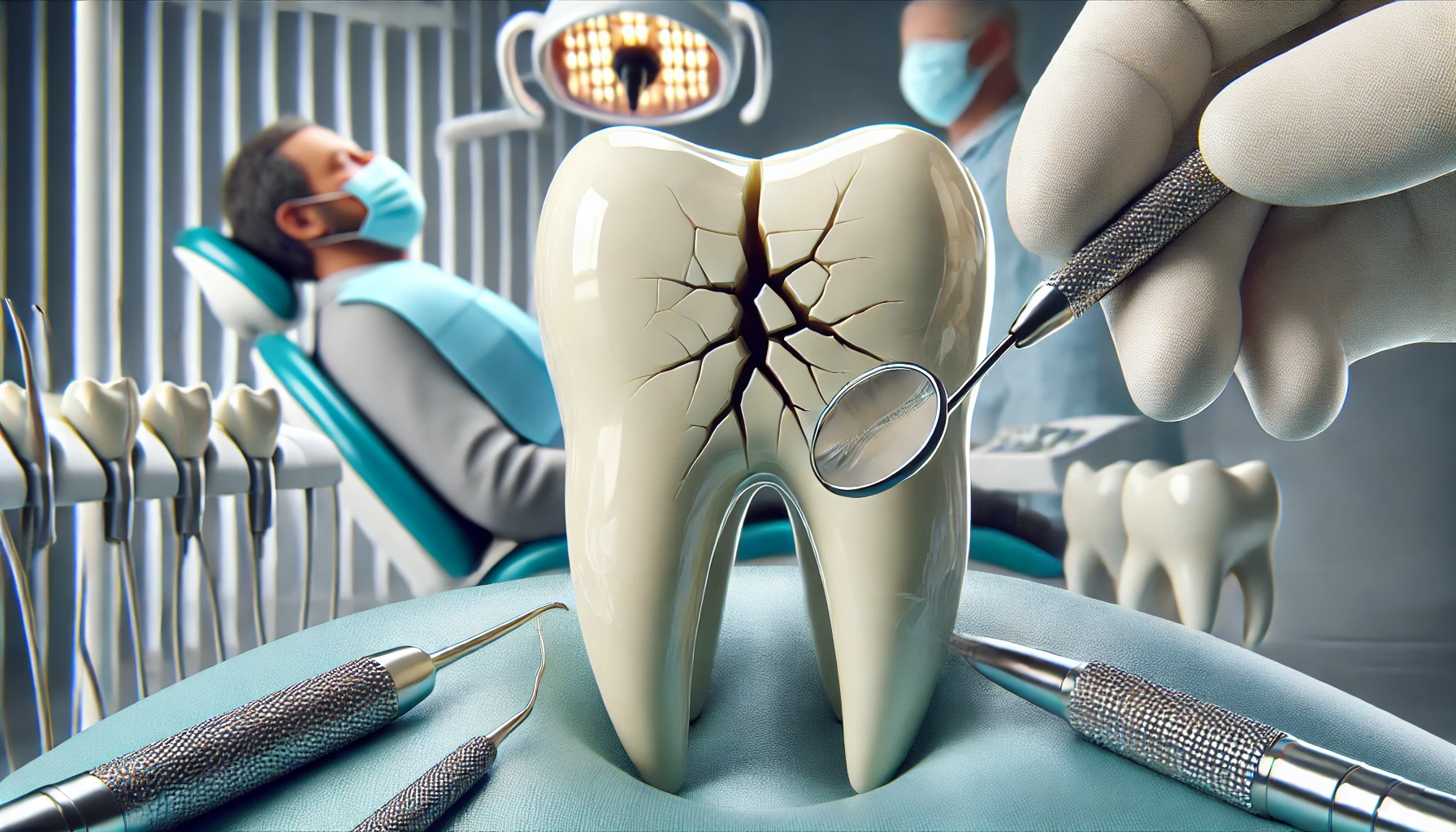 "A close-up view of a fractured tooth being inspected by a dentist with dental tools in a clinic setting, showing the visible crack."