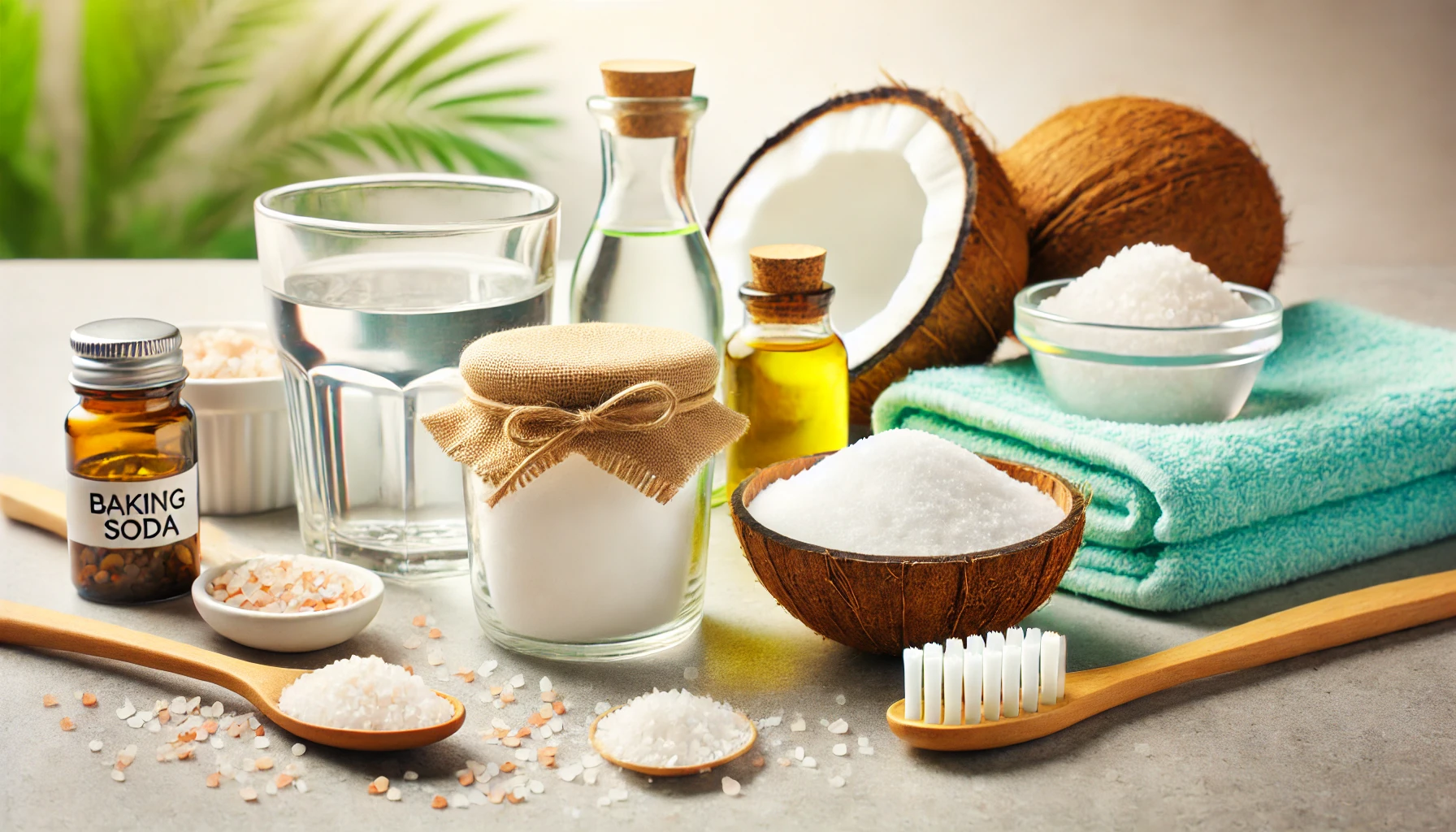 Natural ingredients for at-home oral care, including salt, baking soda, coconut oil, and a glass of water, displayed on a bright table."