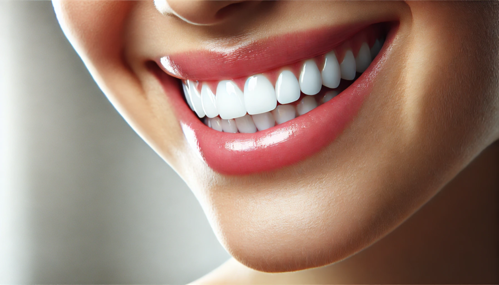 "Close-up of a smile with healthy gums and white teeth, representing good oral health and a brighter smile, no text included."