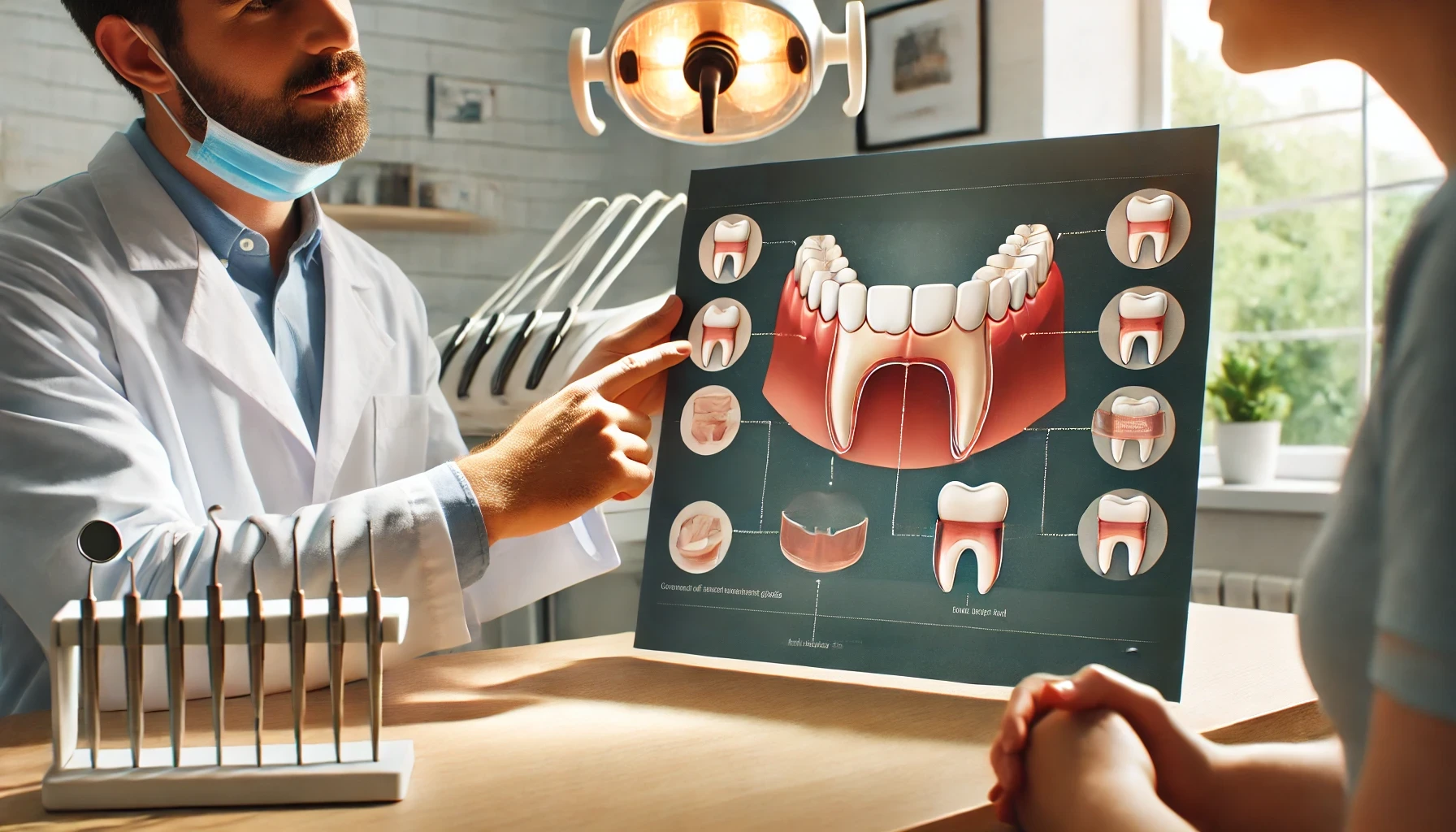 A dental professional discussing teeth grinding treatments with a patient in a welcoming clinic setting, emphasizing care.