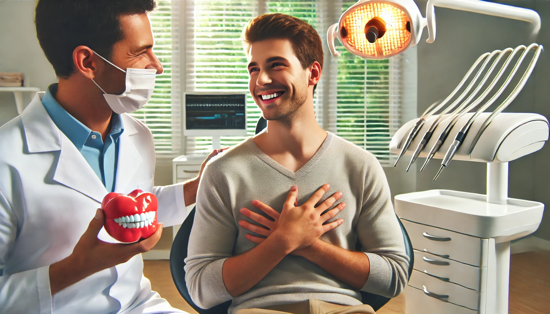 A bright dental clinic with a smiling patient after bruxism treatment, symbolizing long-term relief and improved well-being."