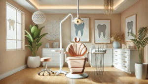 A calming dental environment with a comfortable dental chair, soft lighting, and soothing decor, designed as a dental anxiety solutions."