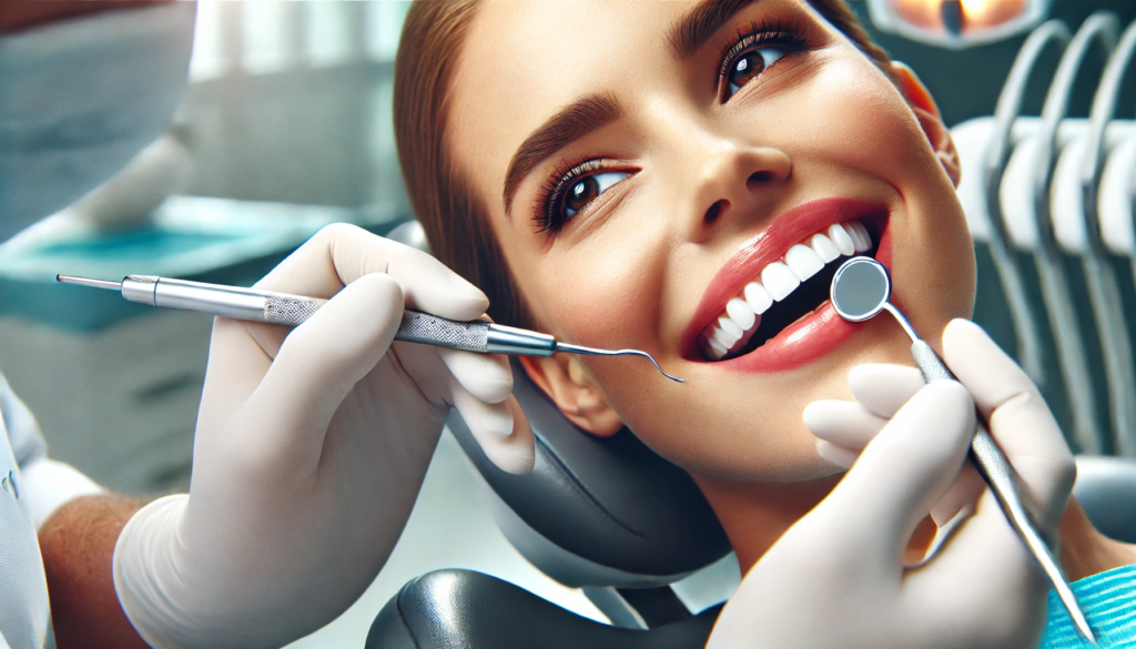 A close-up of a dentist doing dental plaque removal with precision tools in a clean clinic, highlighting professional plaque removal methods."