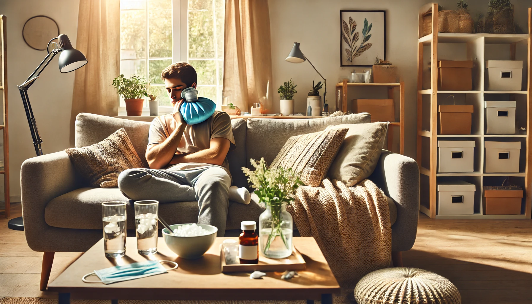 A peaceful home recovery scene with a patient on a sofa holding an ice pack to their cheek, with medication and water on the table."