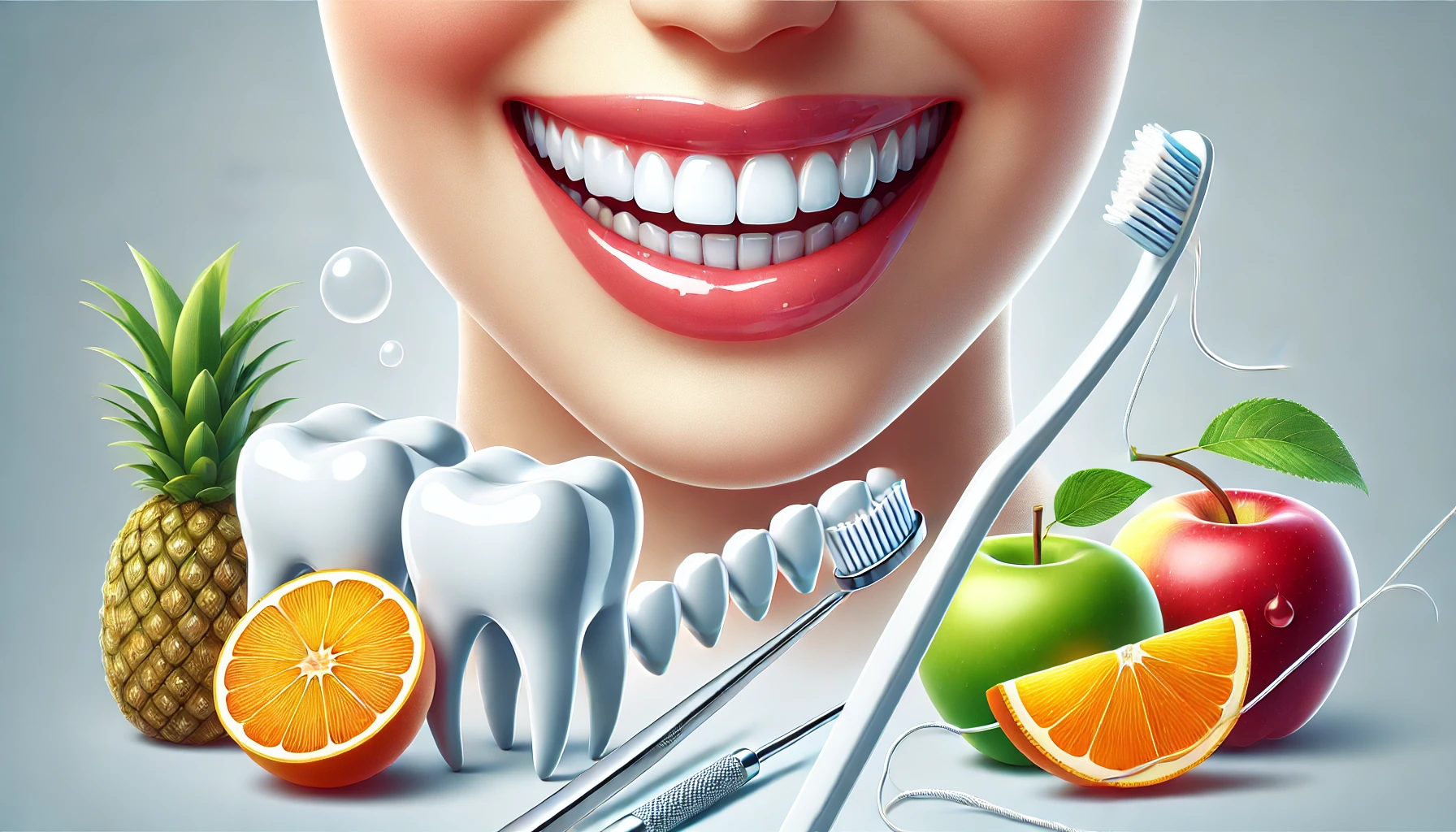 A striking visual of a healthy smile, dental tools, and fresh fruits highlighting the importance of dental hygiene.