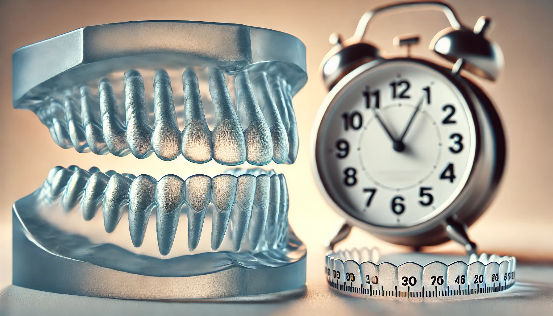 Close-up of clear aligners on a dental model, with a timer and clock symbolizing treatment duration."