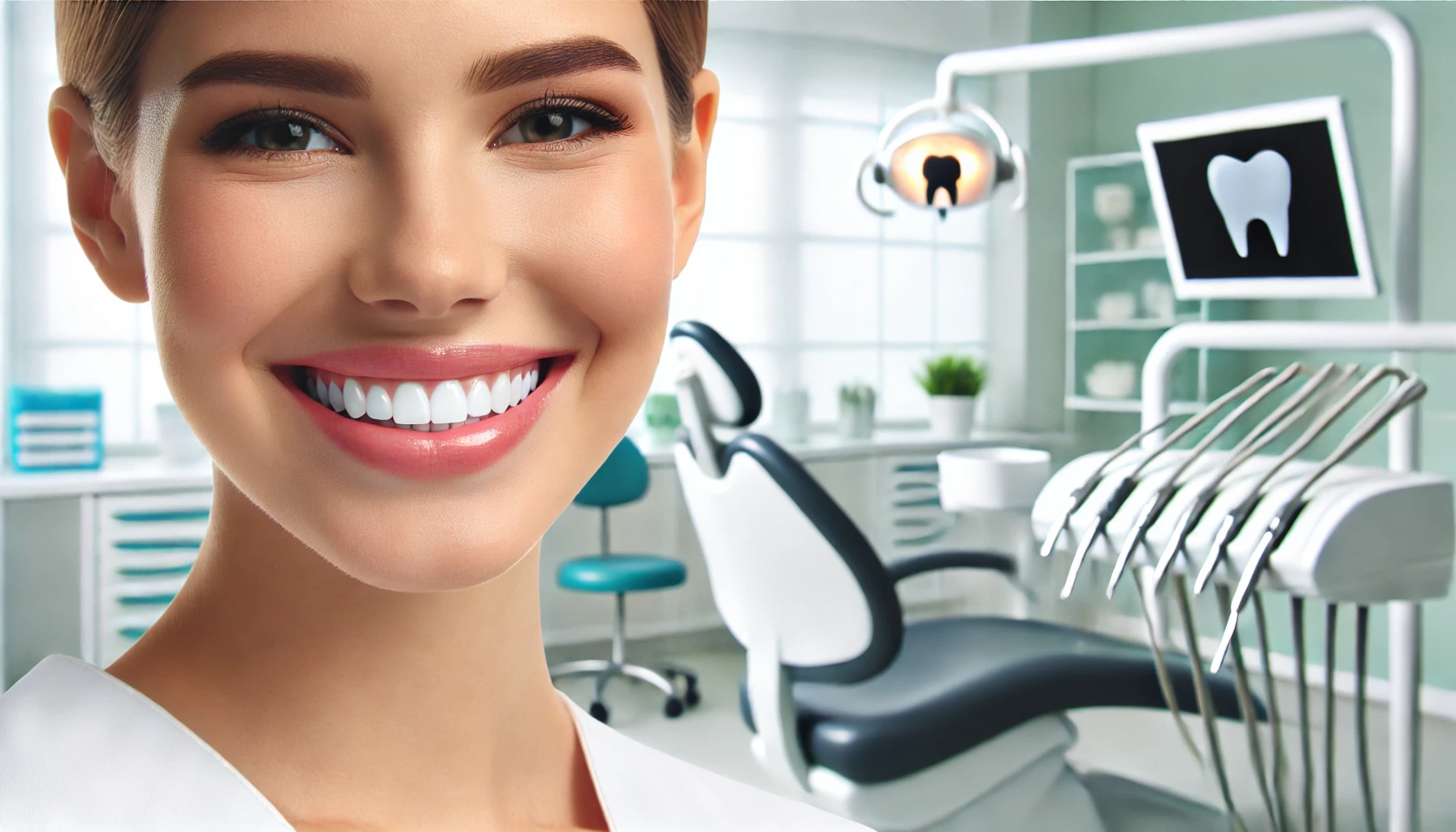 "Person smiling confidently with bright, clean teeth after teeth polishing in a well-lit clinic, emphasizing long-term oral health benefits."