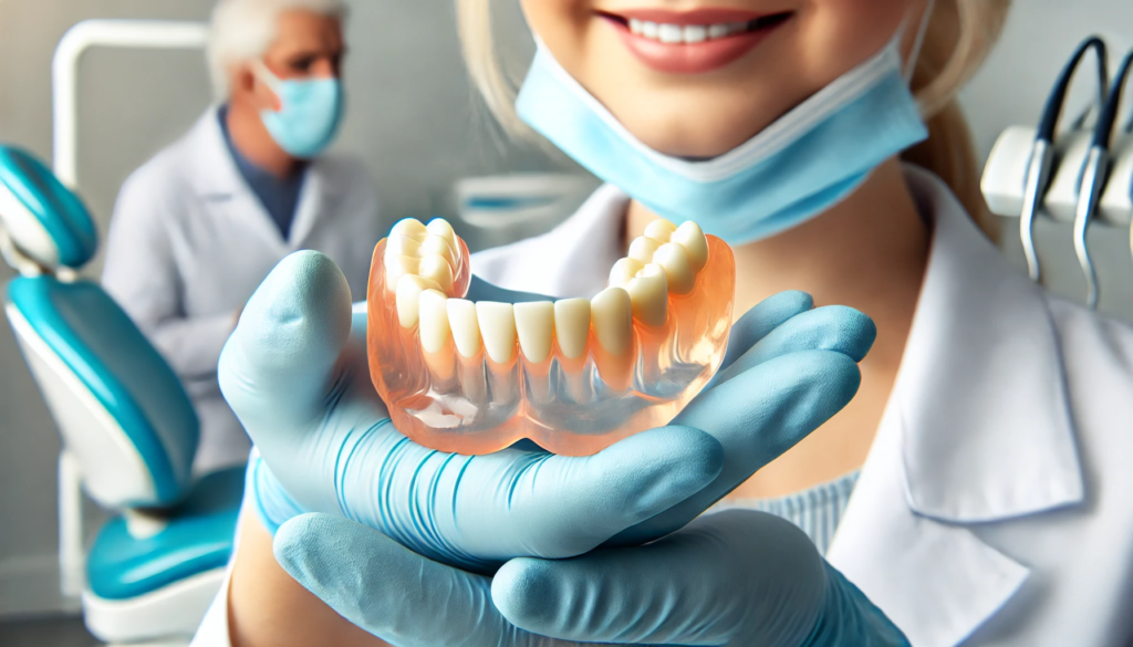 A dental professional holding partial dentures in a clean office, highlighting their design.                                         uttale     dine     legg    engelsk