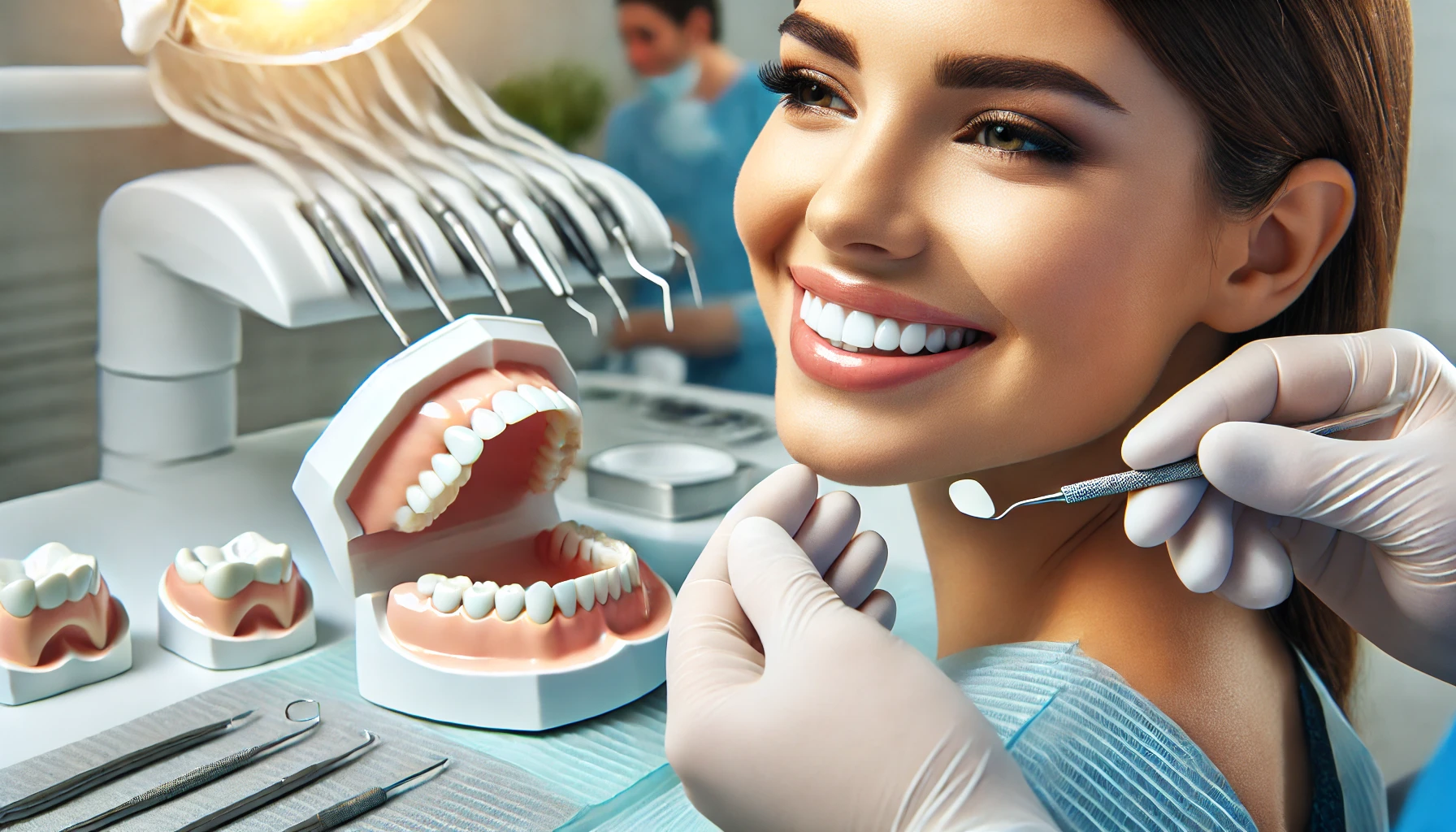 Dentist adjusting porcelain veneers on a patient’s teeth in a modern, clean clinic, highlighting a flawless, bright smile."