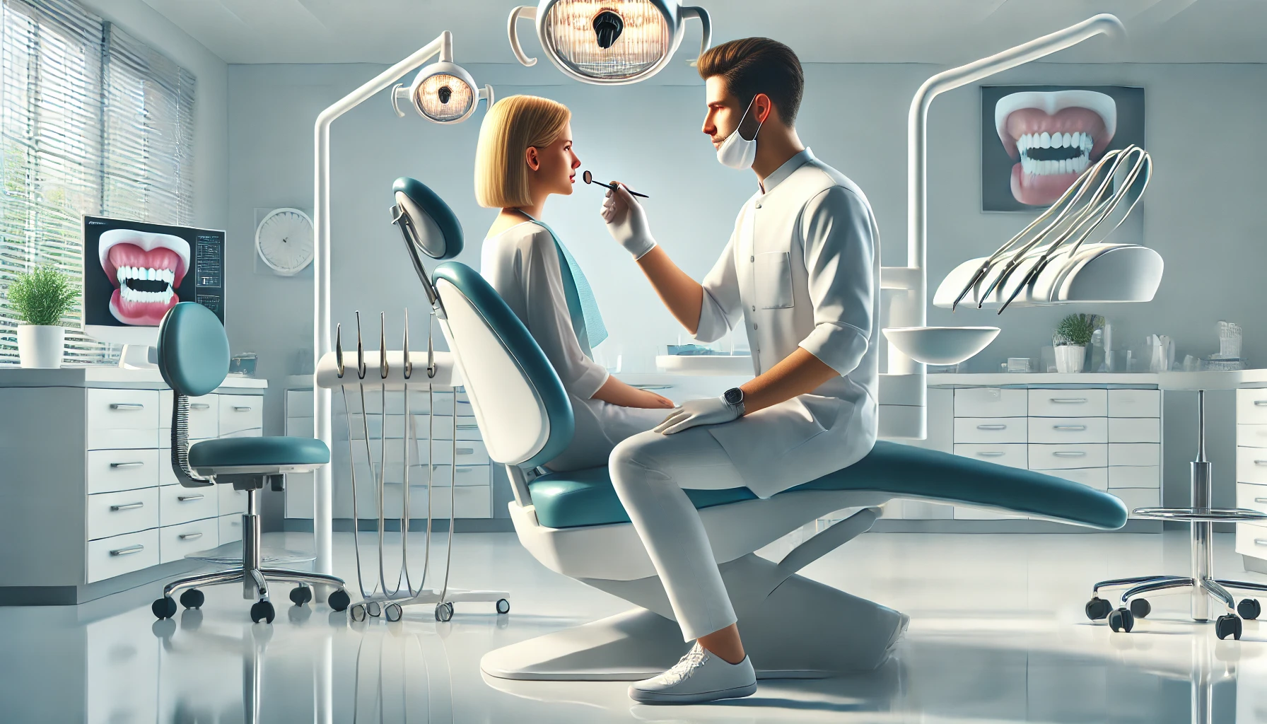 "Dentist performing a routine check-up in a modern dental clinic, focusing on regular care to prevent dental diseases and issues."