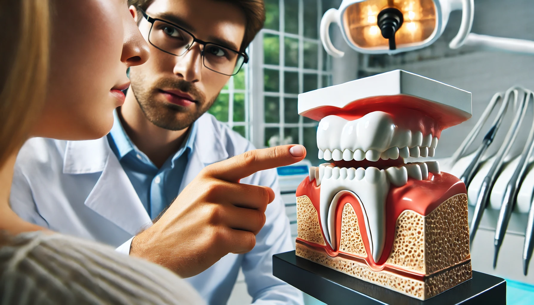 A dentist educates a patient about plaque removal using a teeth model in a clean clinic, highlighting the importance of oral health."