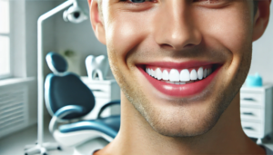 "Person smiling with bright, flawless teeth after receiving porcelain veneers, in a clean, modern dental clinic, evoking confidence."