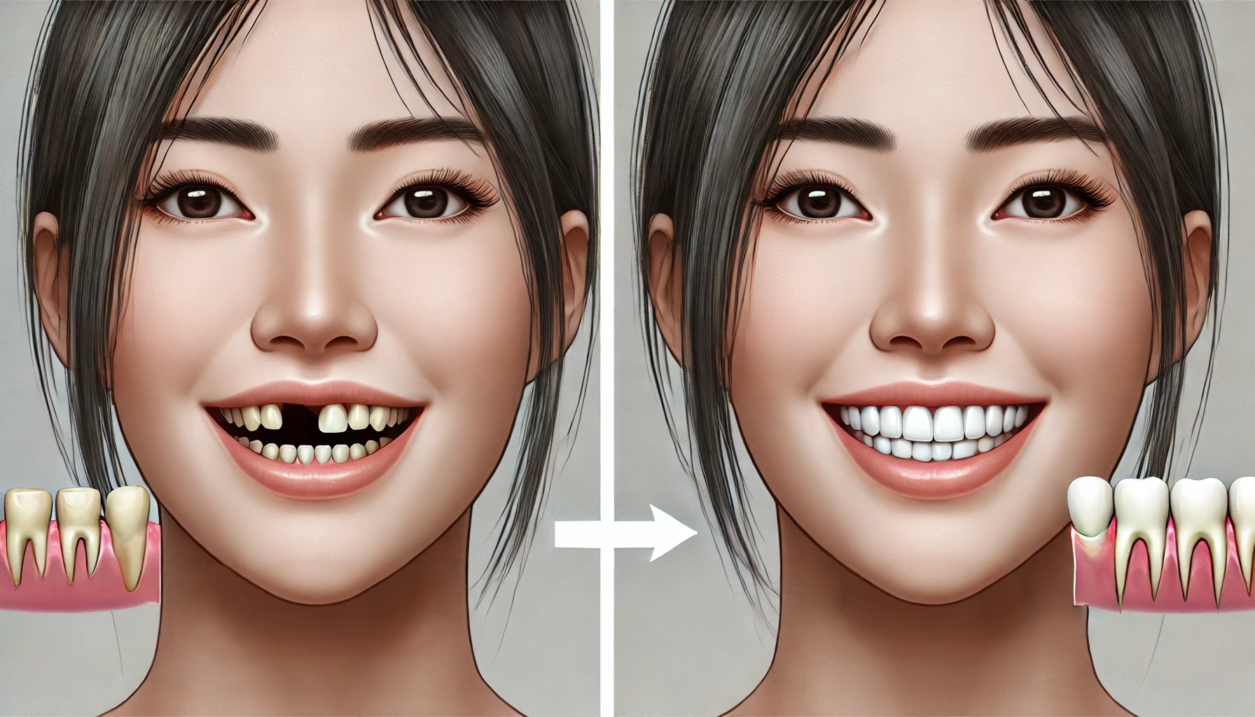 Before and after comparison of a smile with dental bridges showing teeth restoration."