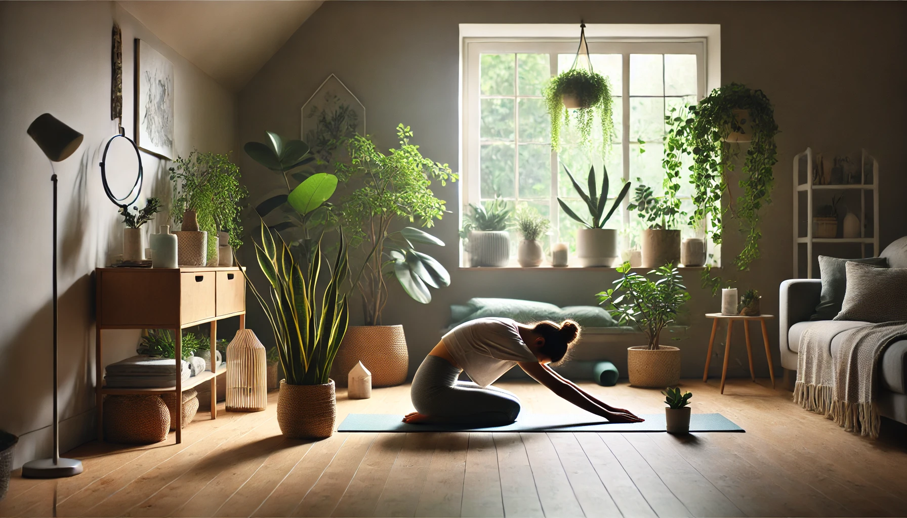 A person performing gentle stretching exercises on a yoga mat at home, surrounded by plants, with natural light from a window