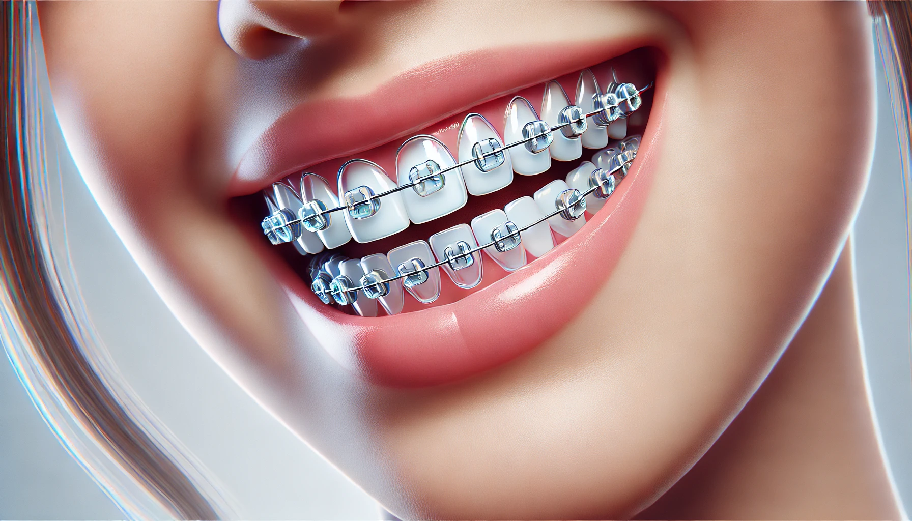 "Close-up illustration of teeth with modern braces or clear aligners, highlighting the process of achieving a perfect, straight smile."