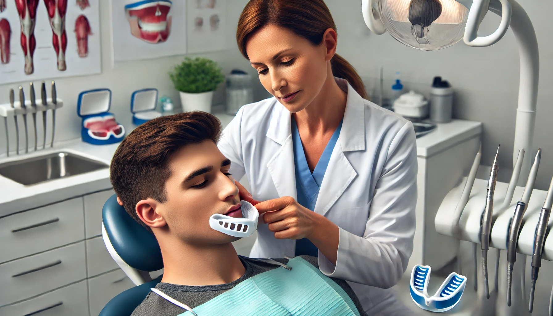 Dentist fitting a custom mouthguard for a young patient in a modern clinic, highlighting precision and comfort."