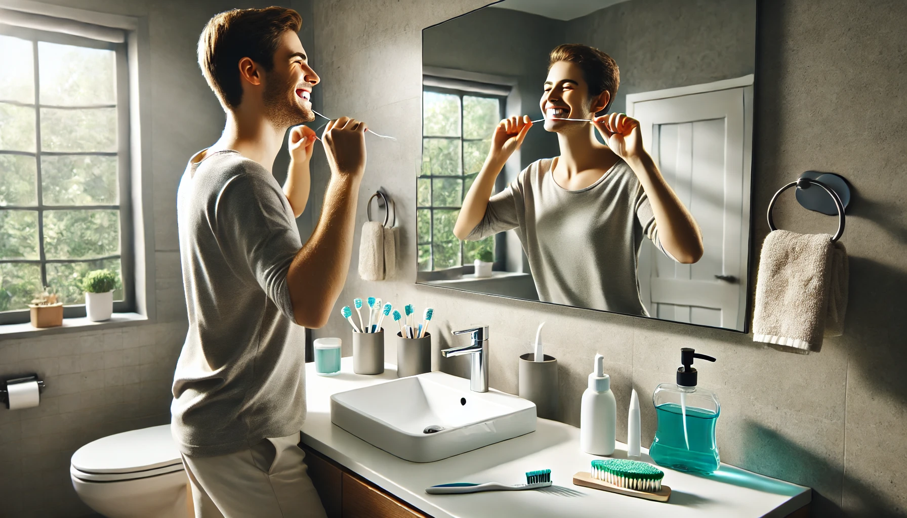 "Person flossing in a modern, well-lit bathroom to maintain a bright smile after a teeth whitening treatment."