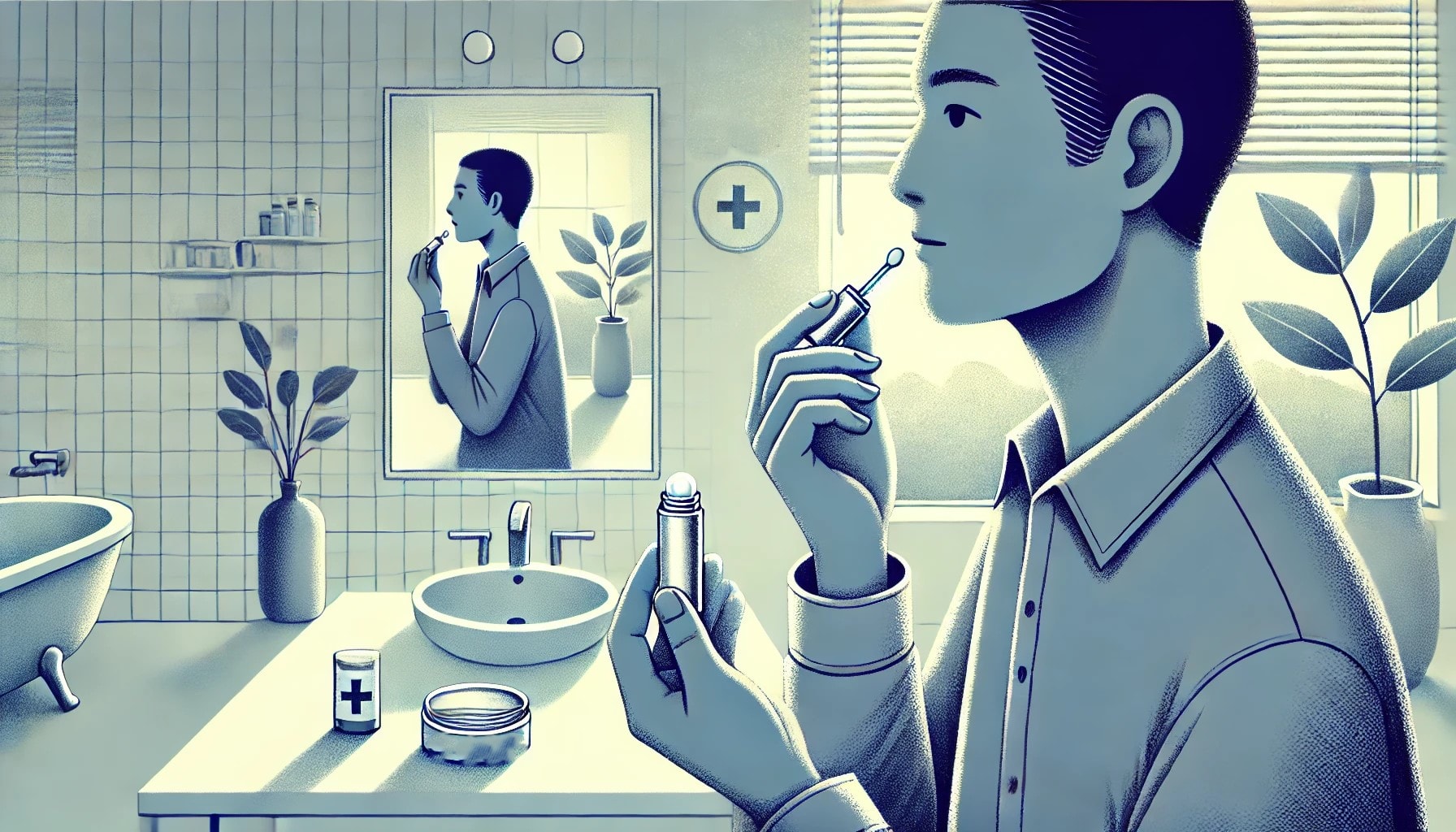 Person applying lip balm as part of a preventive routine in a clean, bright bathroom, promoting self-care to avoid future cold sore outbreaks."