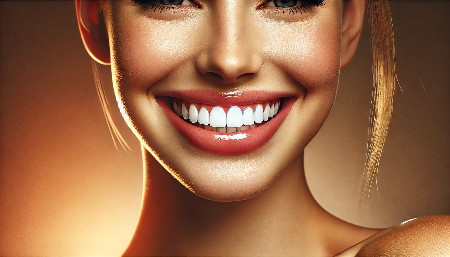 Warm, confident smile showcasing full mouth reconstruction with perfectly aligned, natural-looking teeth in a soft, clean setting