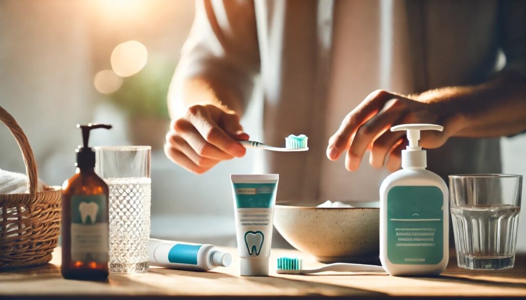 A person applying sensitive toothpaste to a toothbrush in a clean bathroom, focusing on a gentle solution for tooth sensitivity.