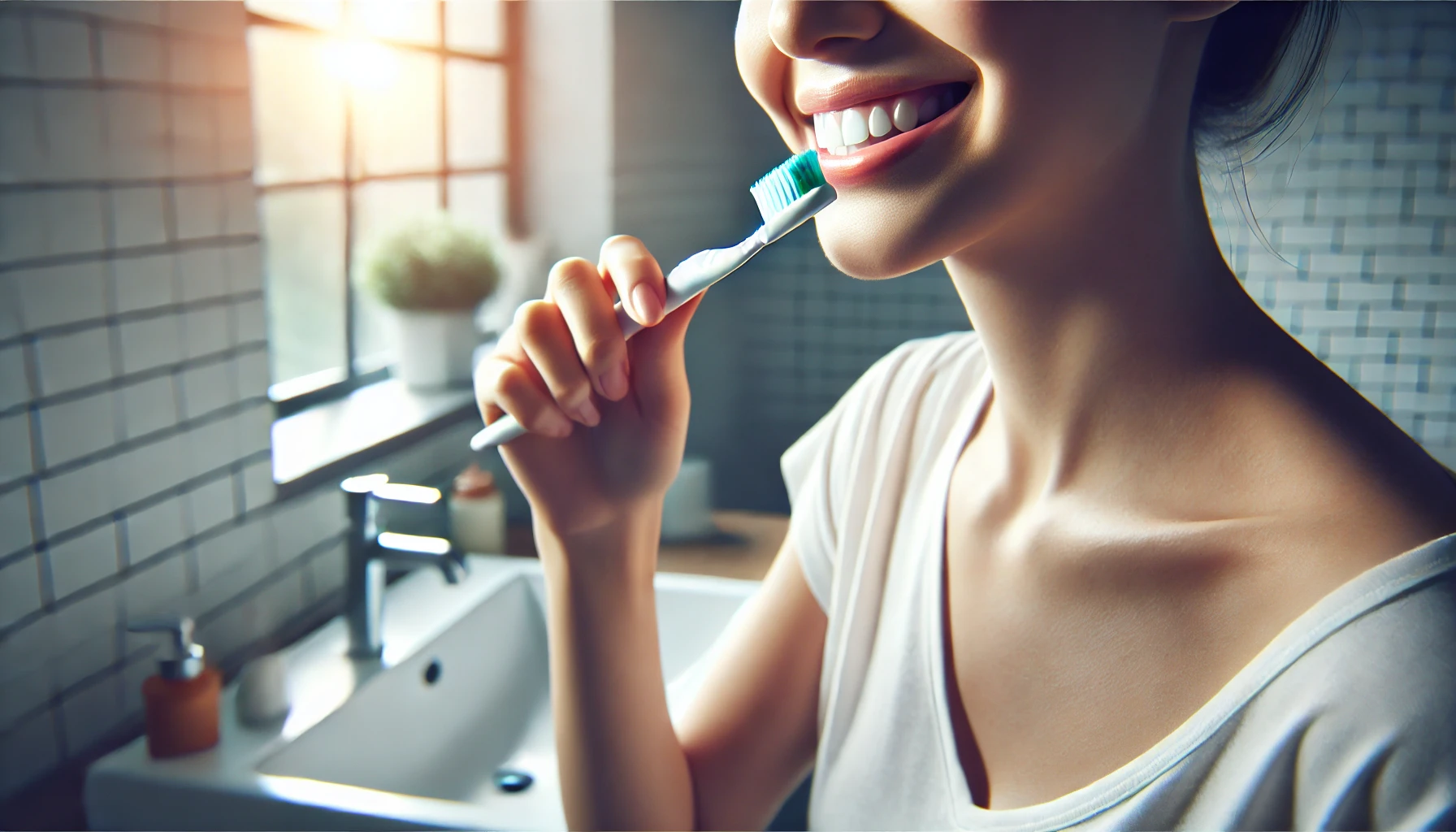 "Close-up of a person brushing their teeth in a modern bathroom, emphasizing oral hygiene and the importance of maintaining healthy teeth."