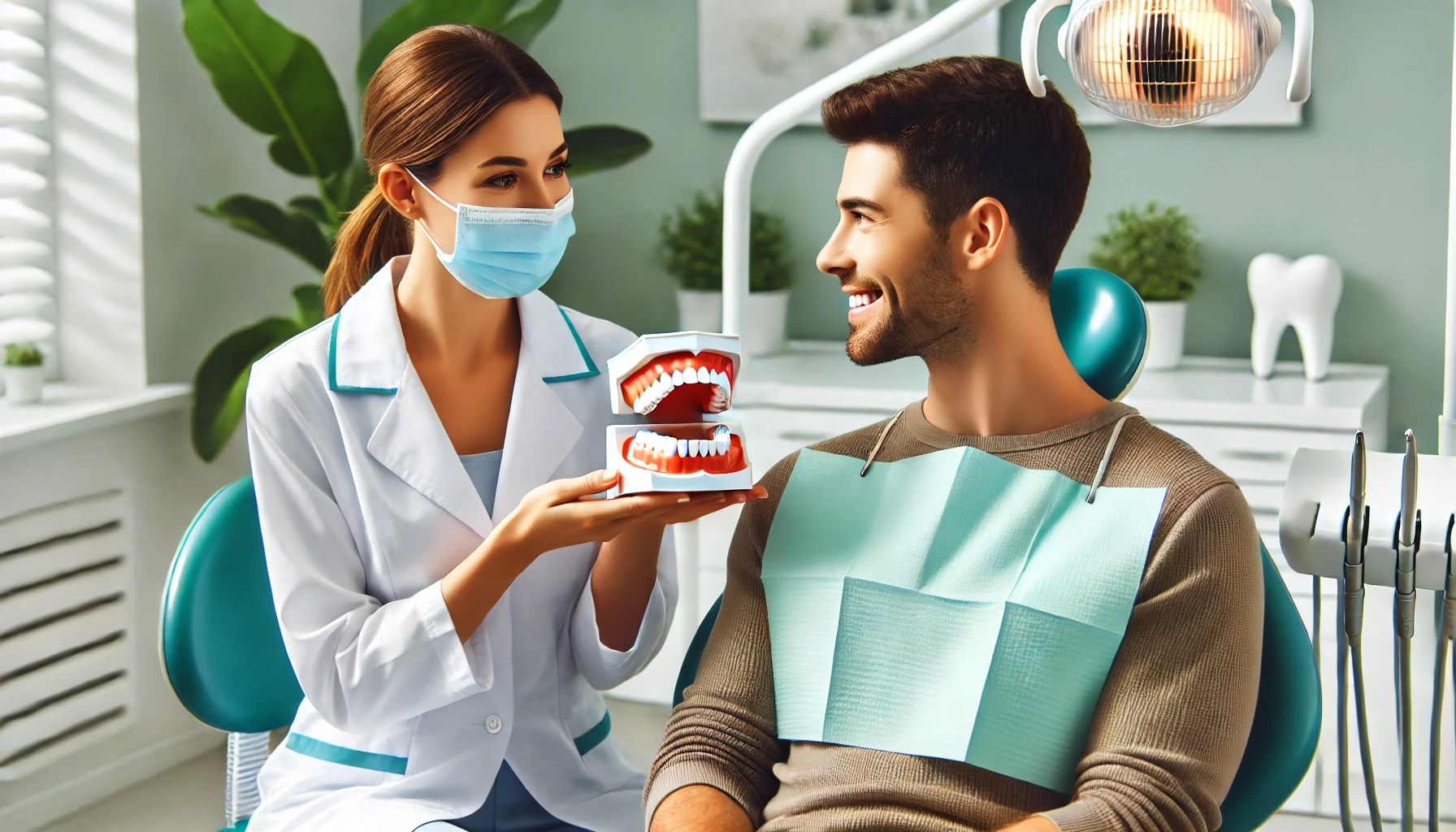 "A dentist demonstrating holistic dental care techniques using a model to a curious patient in a bright, welcoming dental office."