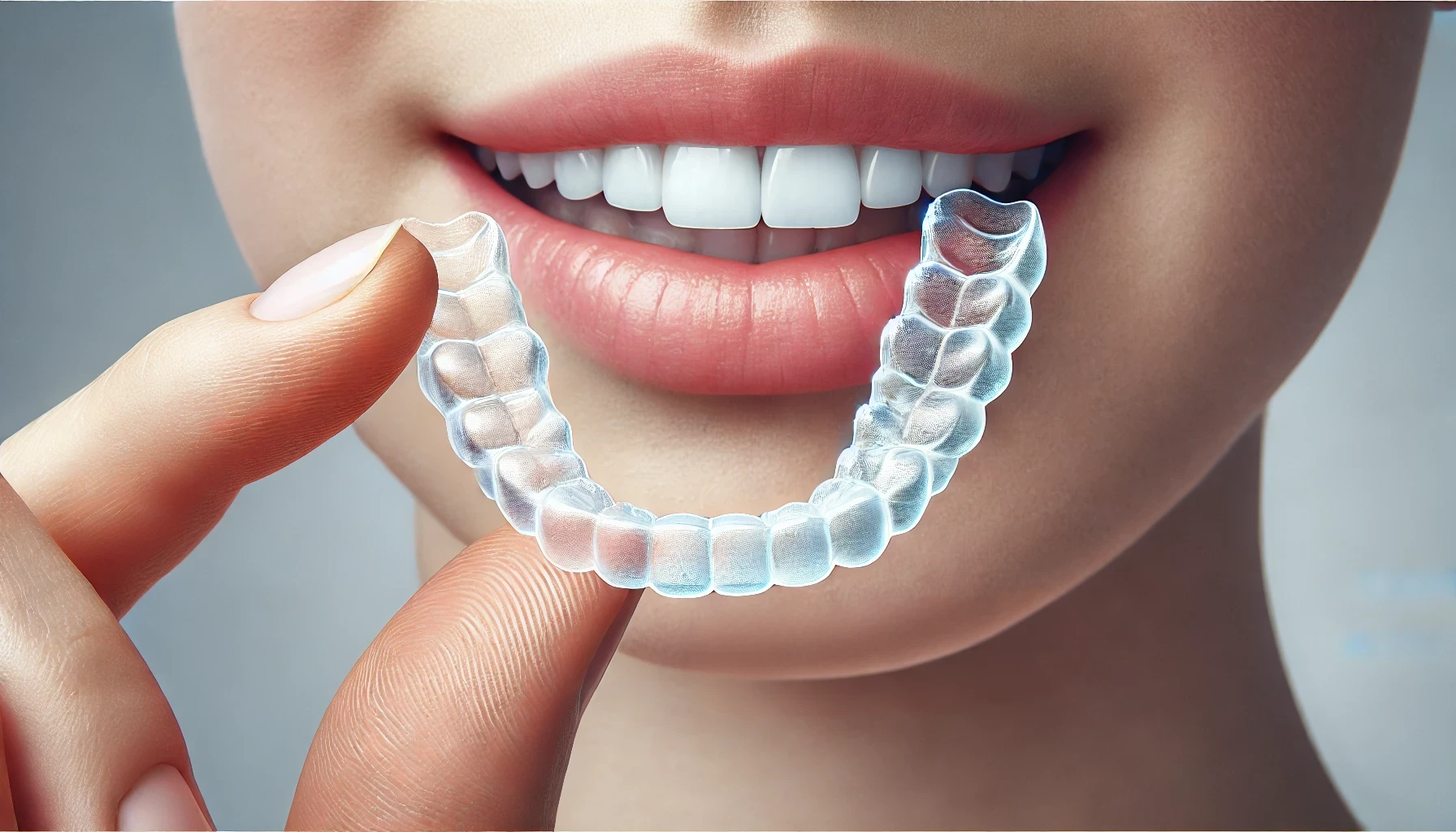 Clear aligners being held near a set of teeth, showing their transparency and alignment function.