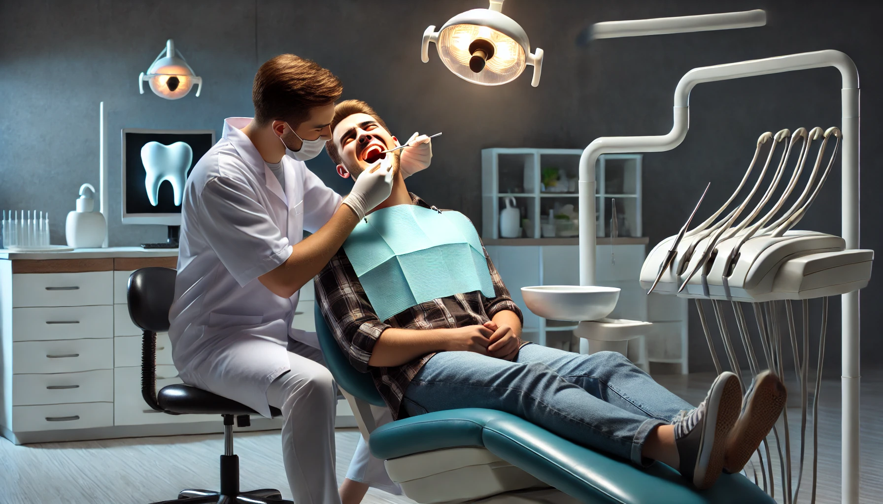 A patient receiving treatment for severe toothache at a modern dental clinic, relieved by professional care and attention.