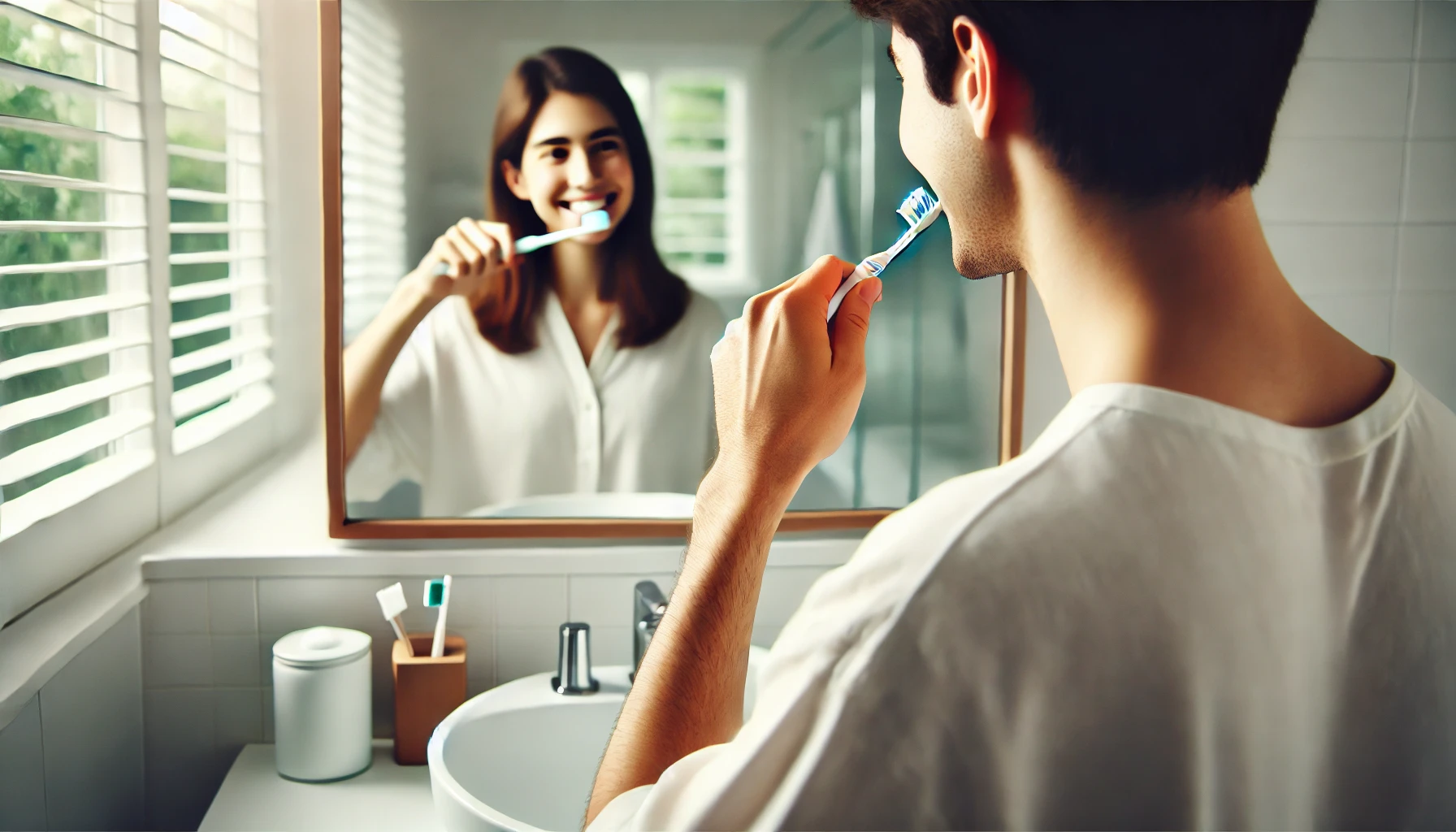 "Bright bathroom with a person brushing their teeth, emphasizing how good oral hygiene helps prevent gum disease and tooth decay."