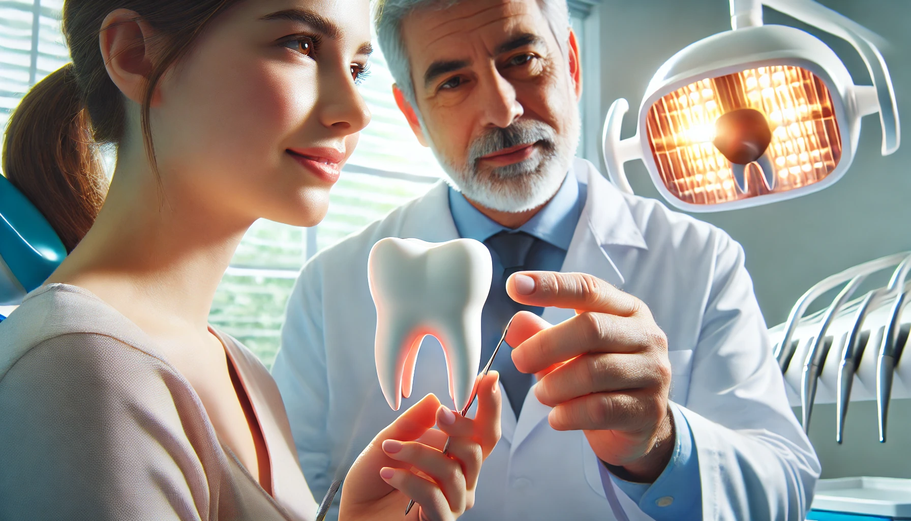 "Dentist demonstrating how dental bonding is applied using a dental model in a bright, modern clinic, with a patient attentively listening."