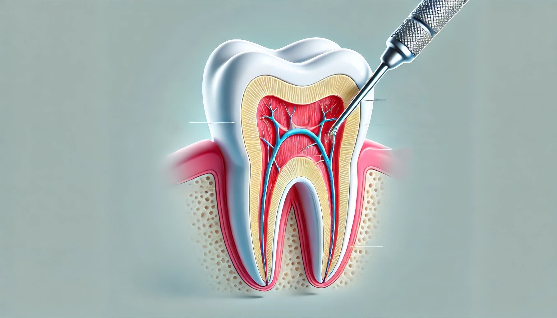 Illustration showing a tooth cross-section with a focus on root canal treatment, highlighting the inner pulp and nerves."