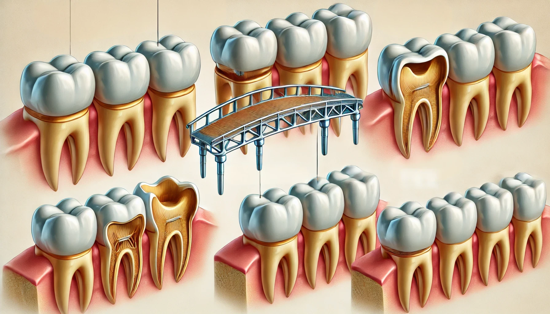 "Illustration showing different types of dental bridges using realistic tooth and gum models in a dentist's office setting."