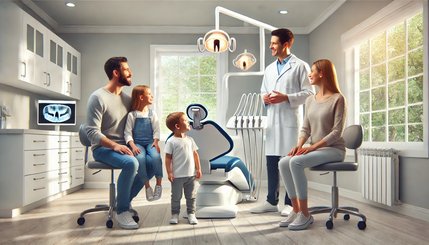 A dentist demonstrating good oral health habits to a family in a bright, modern clinic, creating a welcoming and professional atmosphere.