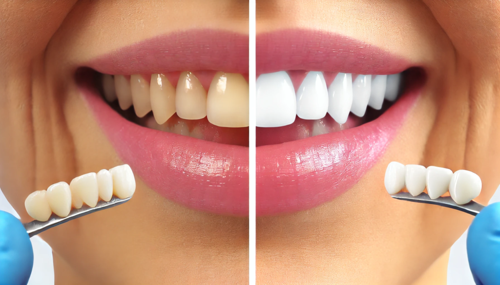 A smile showing a transformation from stained teeth on the left to bright, white teeth on the right after cosmetic treatments."