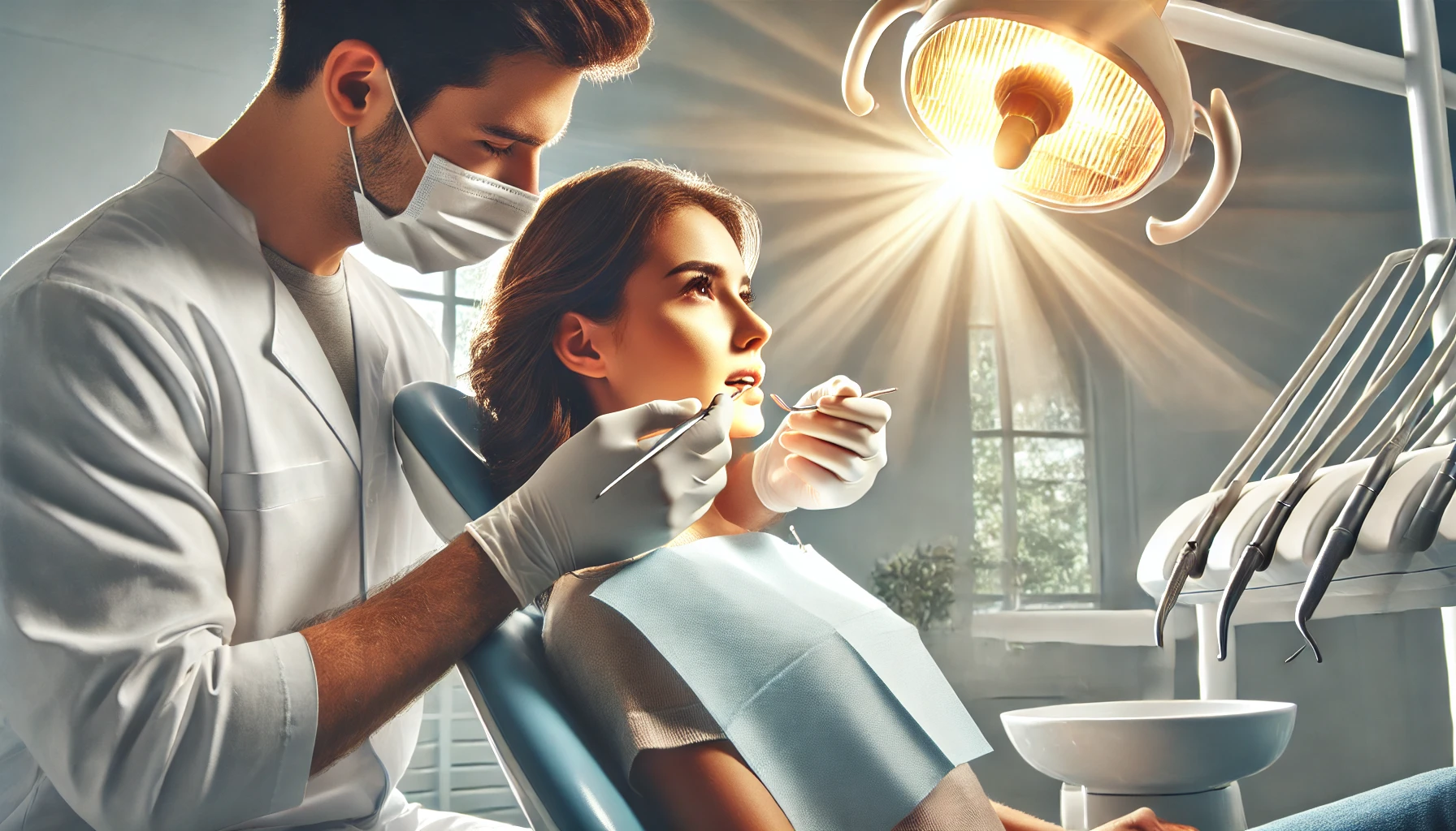 Serene dental clinic with a dentist examining a patient's teeth in a bright, calm environment, focusing on preventive dental care."