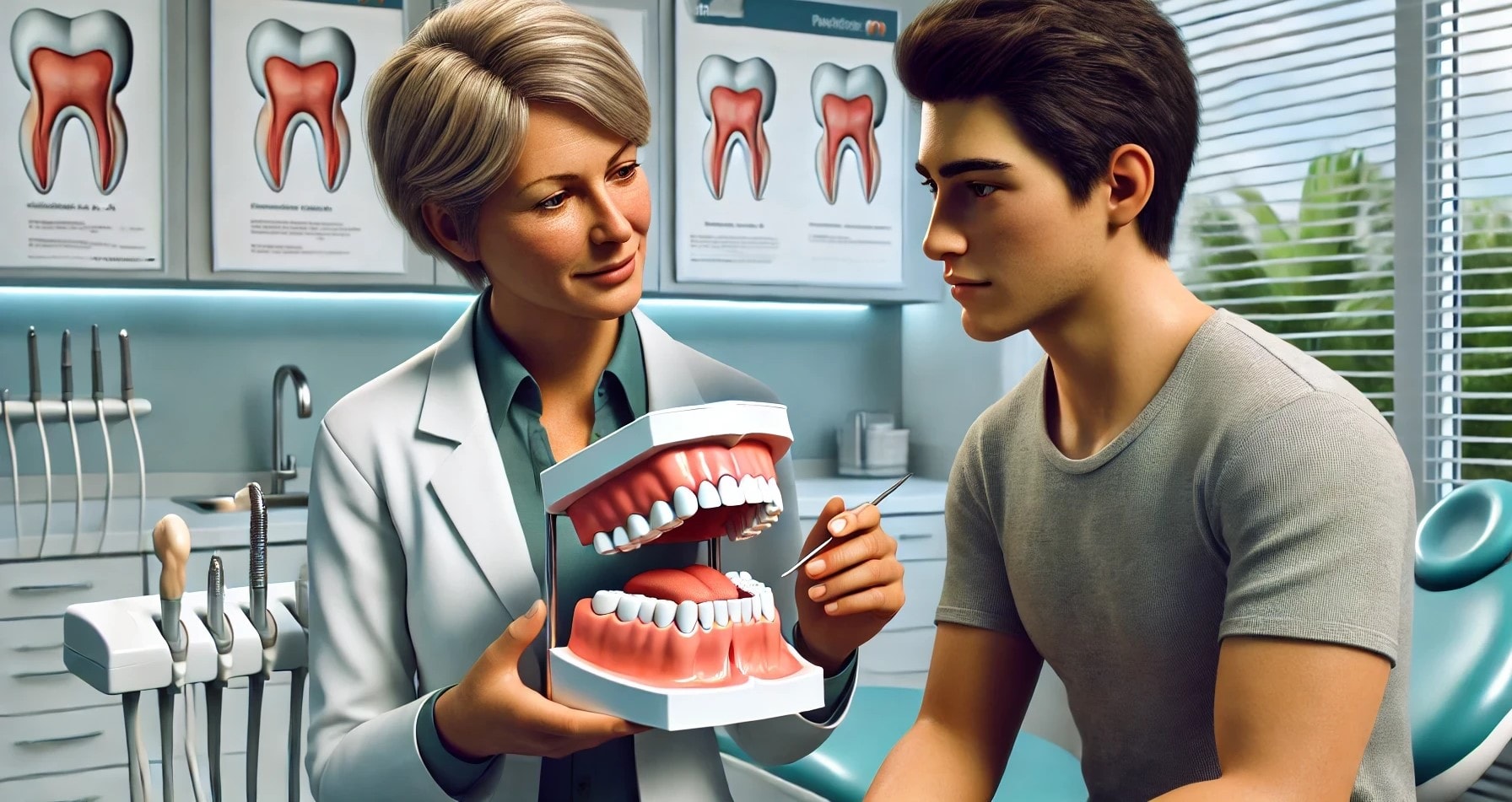 Dentist explaining dental model to patient in clinic, highlighting tooth extraction benefits."