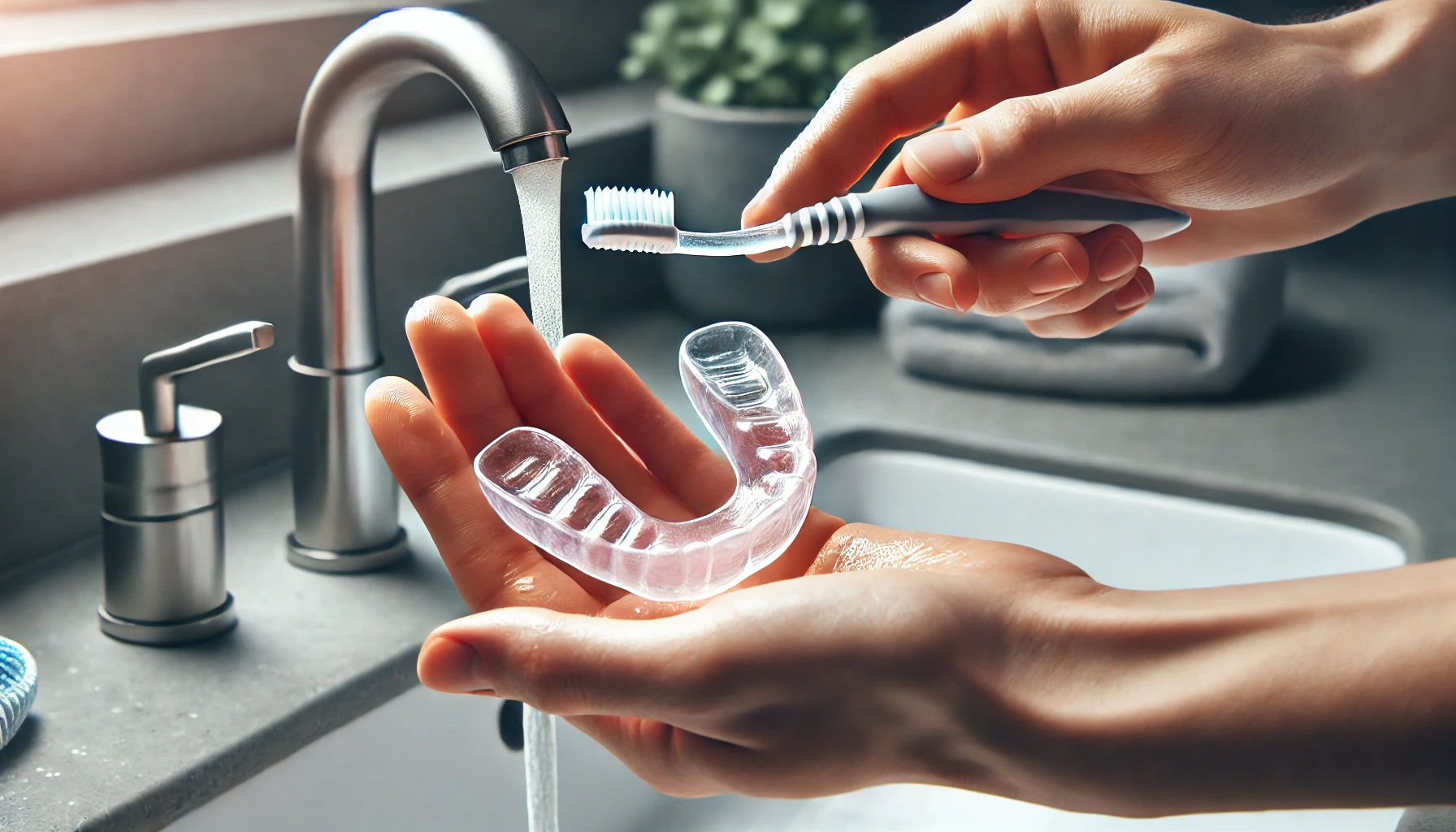 "Close-up of a person cleaning a night guard with a toothbrush under running water, emphasizing proper maintenance and hygiene."