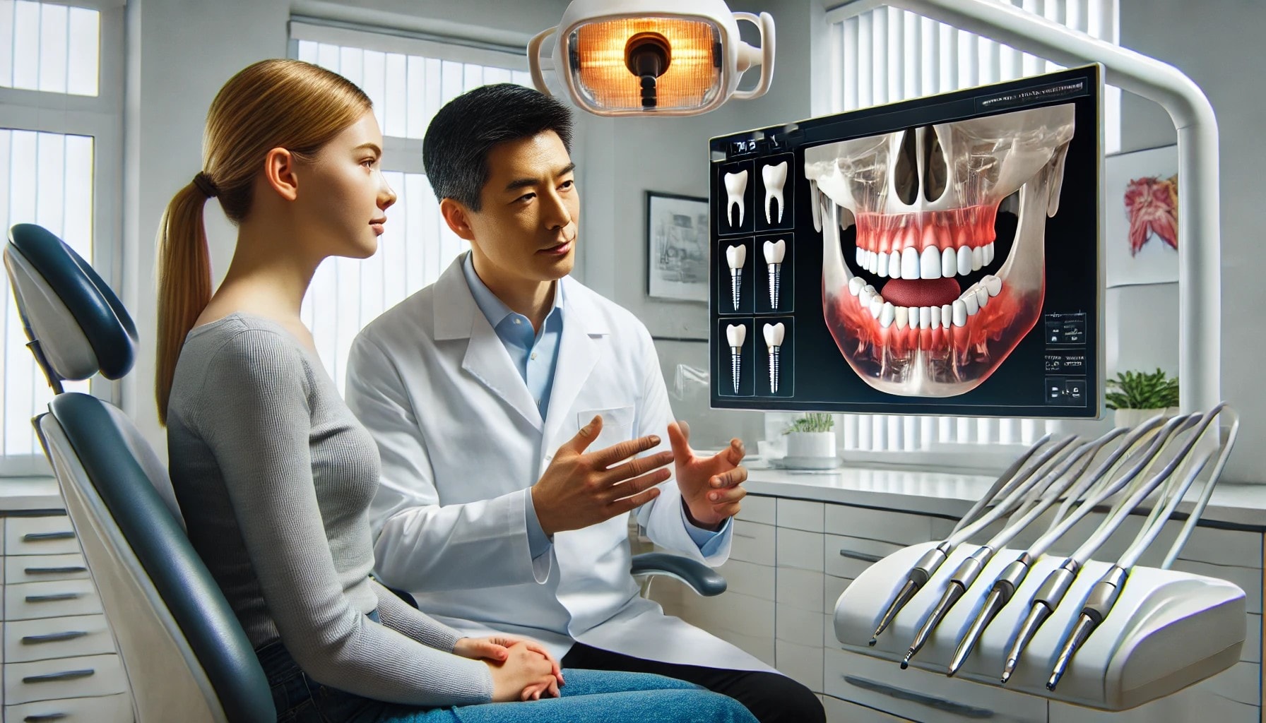 "Dentist explaining dental implant technology to patient in high-tech office."