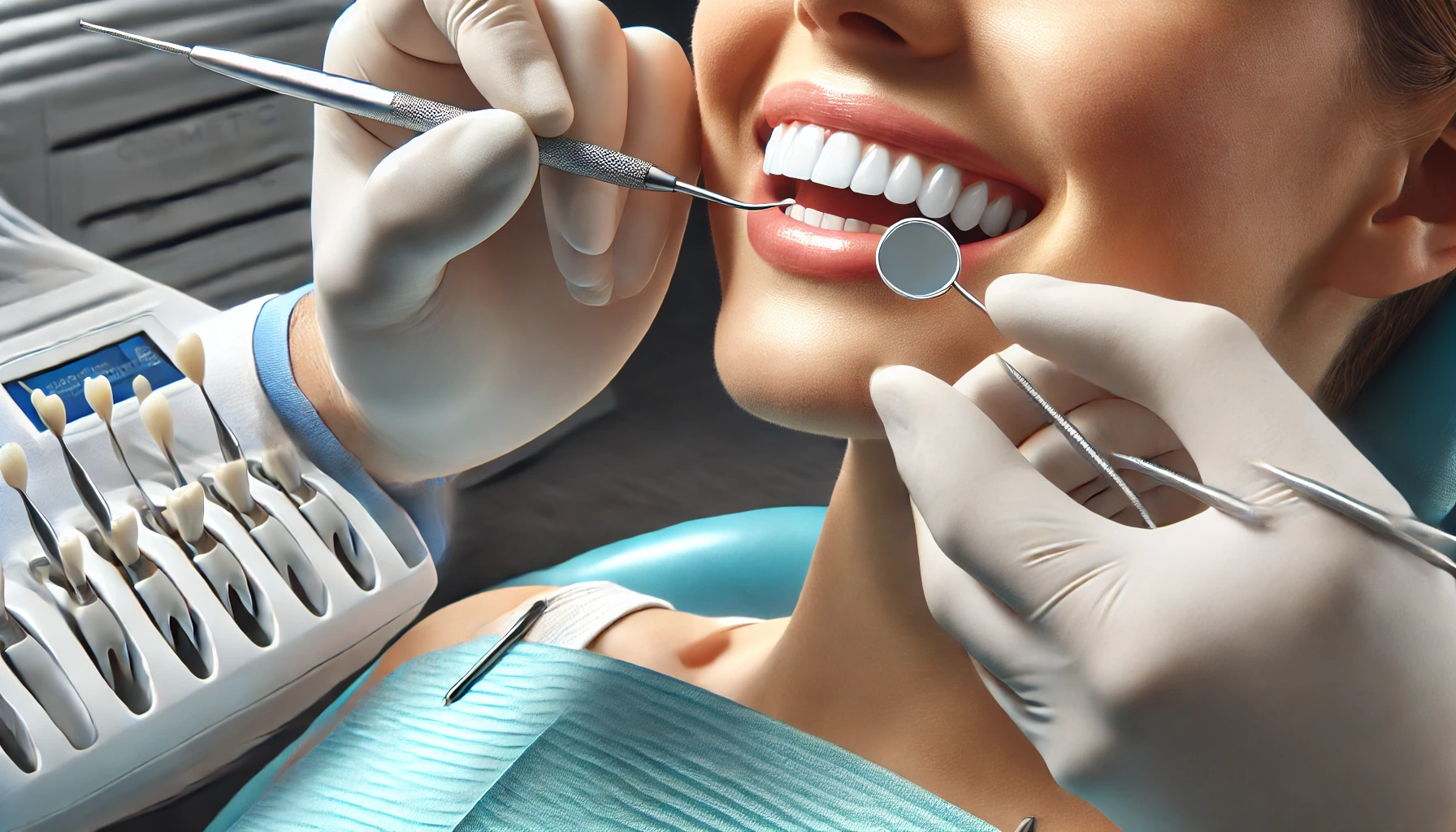 "A dentist carefully applying cosmetic bonding to a patient's teeth in a modern dental office, highlighting the benefits and process."