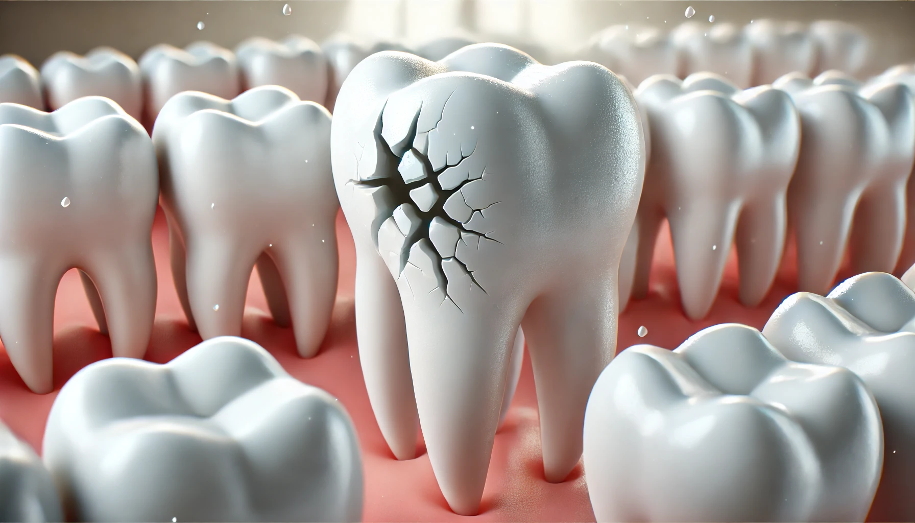 "Realistic illustration of a cracked tooth among healthy teeth, highlighting dental damage in a clinical setting." that the has a from the