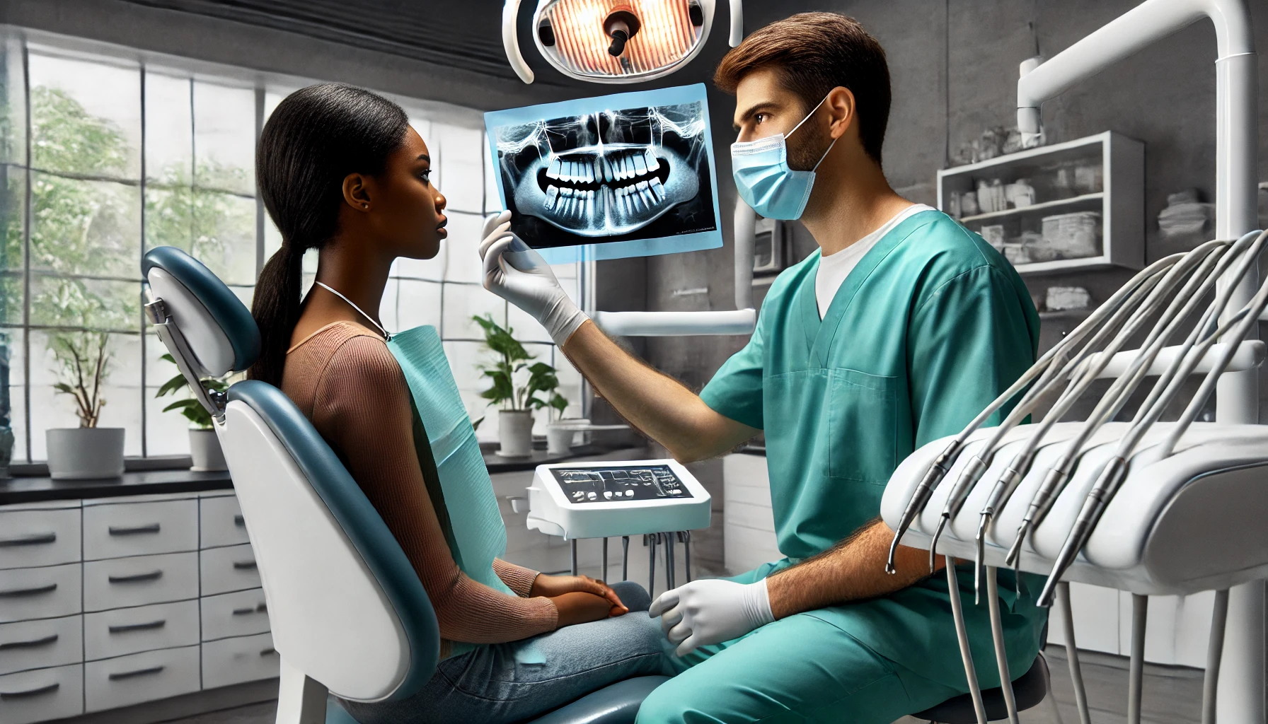 Dentist showing an X-ray to a patient during a tooth extraction consultation in a clinic."